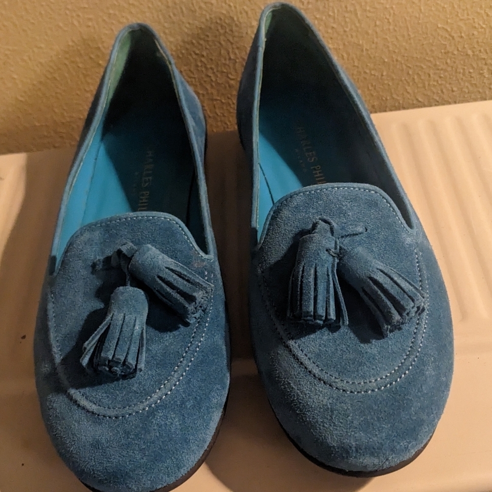 Charles Philip Milan Turquoise Blue Suede Tassel Loafers size 8.5​​ - Picture 14 of 15